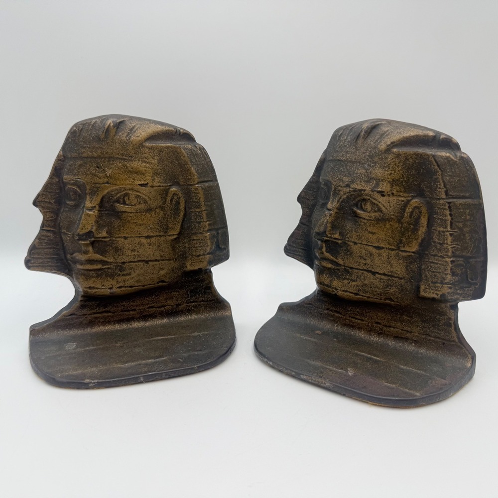 Vintage DAL Egyptian Sphinx Cast Metal Bookends Bronze Tone Art Deco Pair